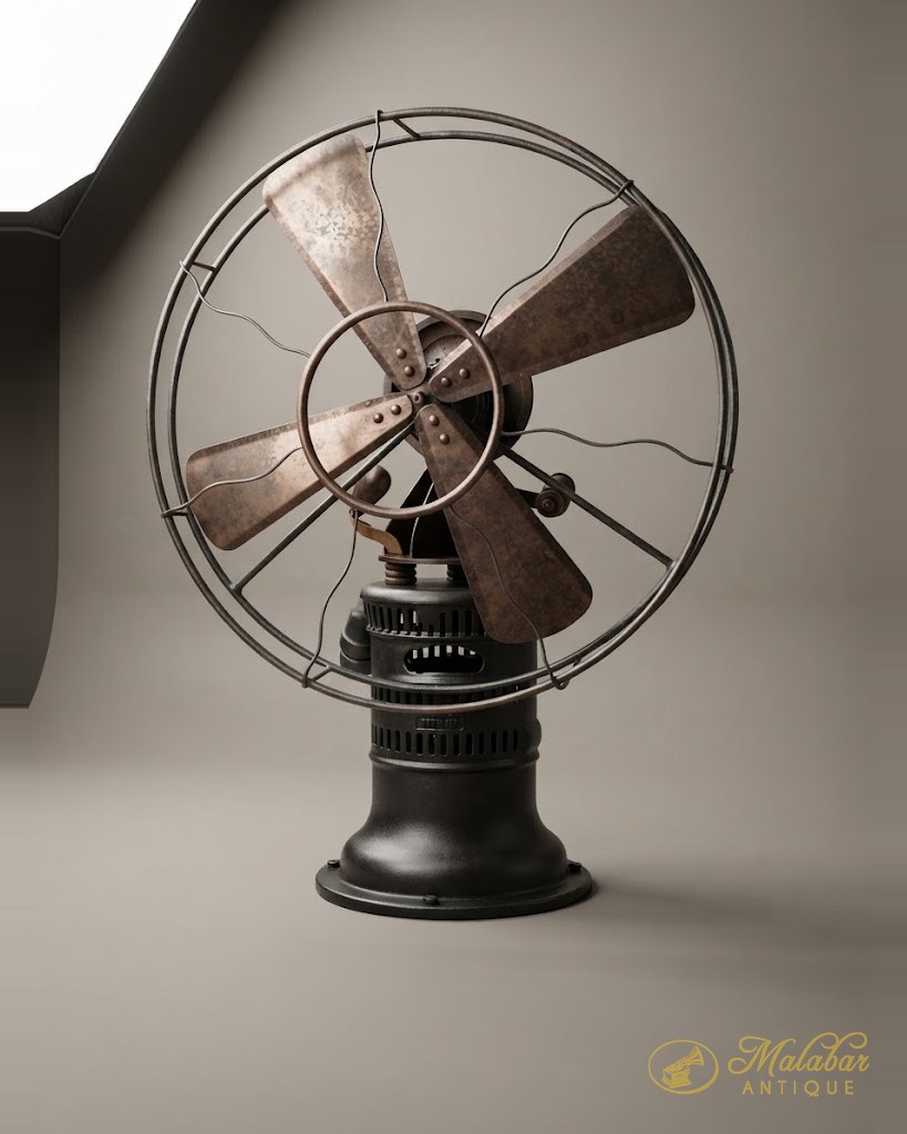 Early electric fan with brass blades and a wire cage on a heavy cast base.