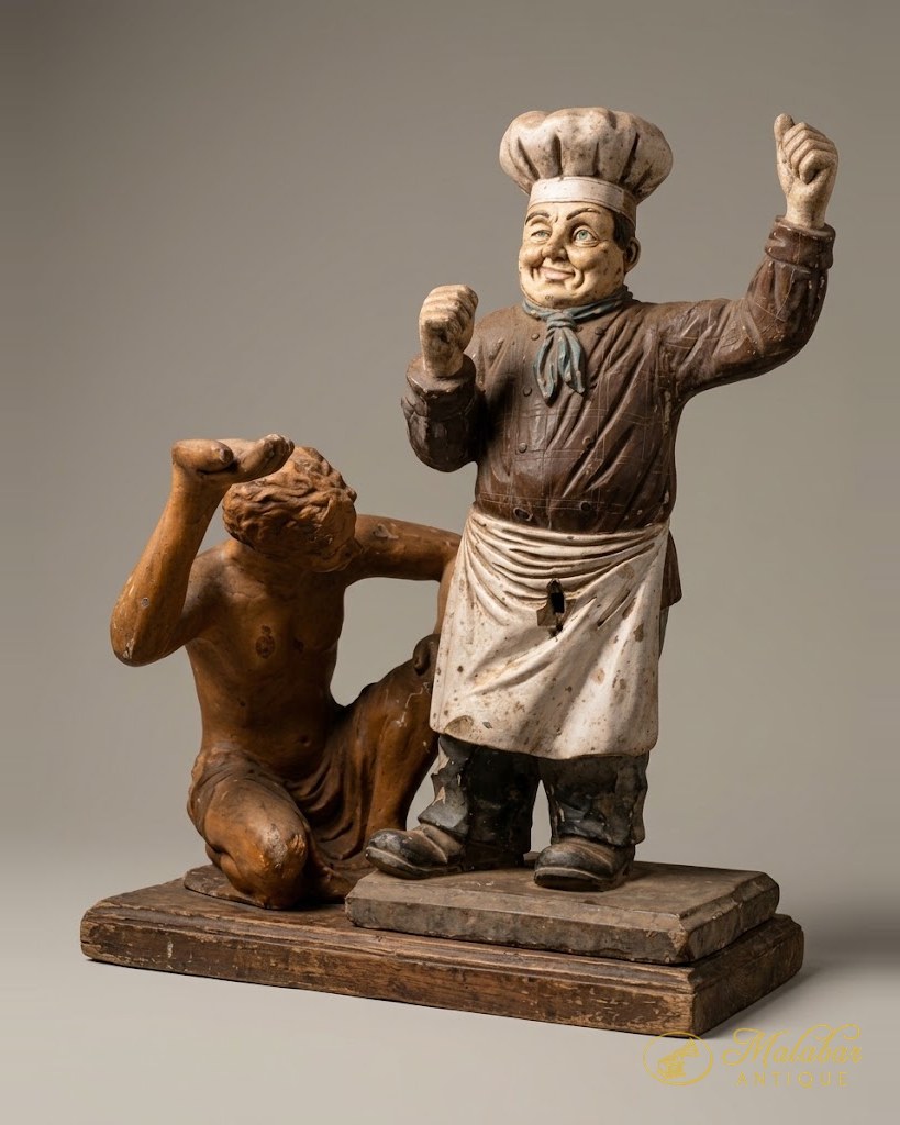 Painted carved group of a baker and a kneeling figure on a plinth.