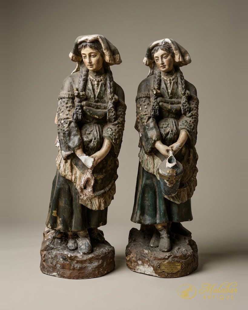 Two standing figures in European dress, carved and painted, on integral bases.