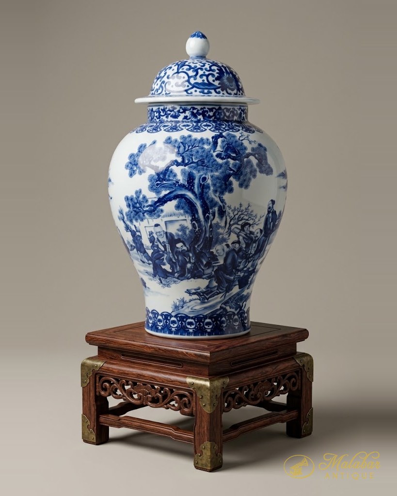 Blue and white lidded baluster jar painted with a figural garden scene, raised on a pierced rosewood stand with brass corner mounts.