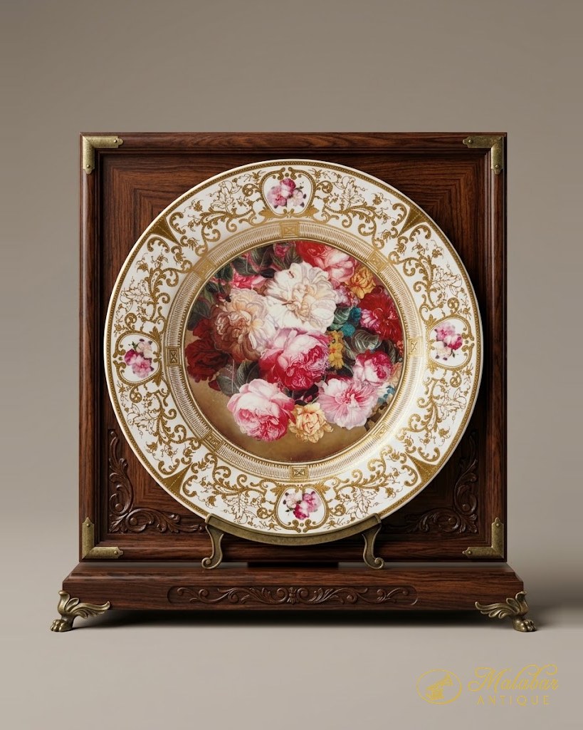 Gilt-bordered cabinet plate painted with a bouquet of roses, displayed on a carved rosewood stand with brass corner mounts and feet.