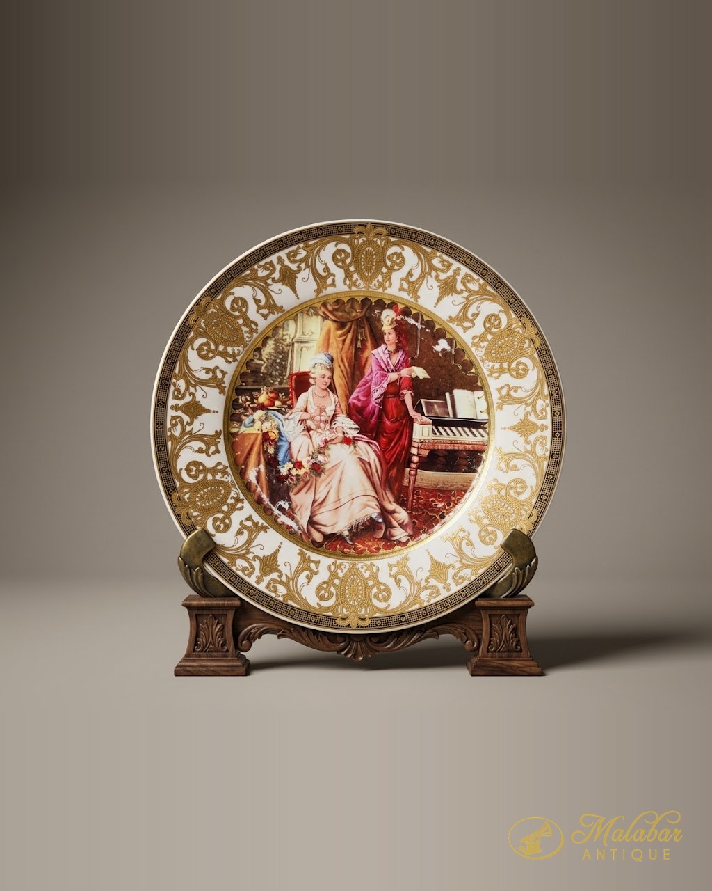 Large cabinet plate with a raised gilt border, the centre printed with two women in eighteenth-century dress at a piano, on a carved wooden easel stand.
