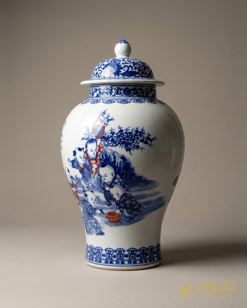 Lidded porcelain temple jar painted in underglaze blue with iron-red touches, showing boys at play beneath a pine tree.