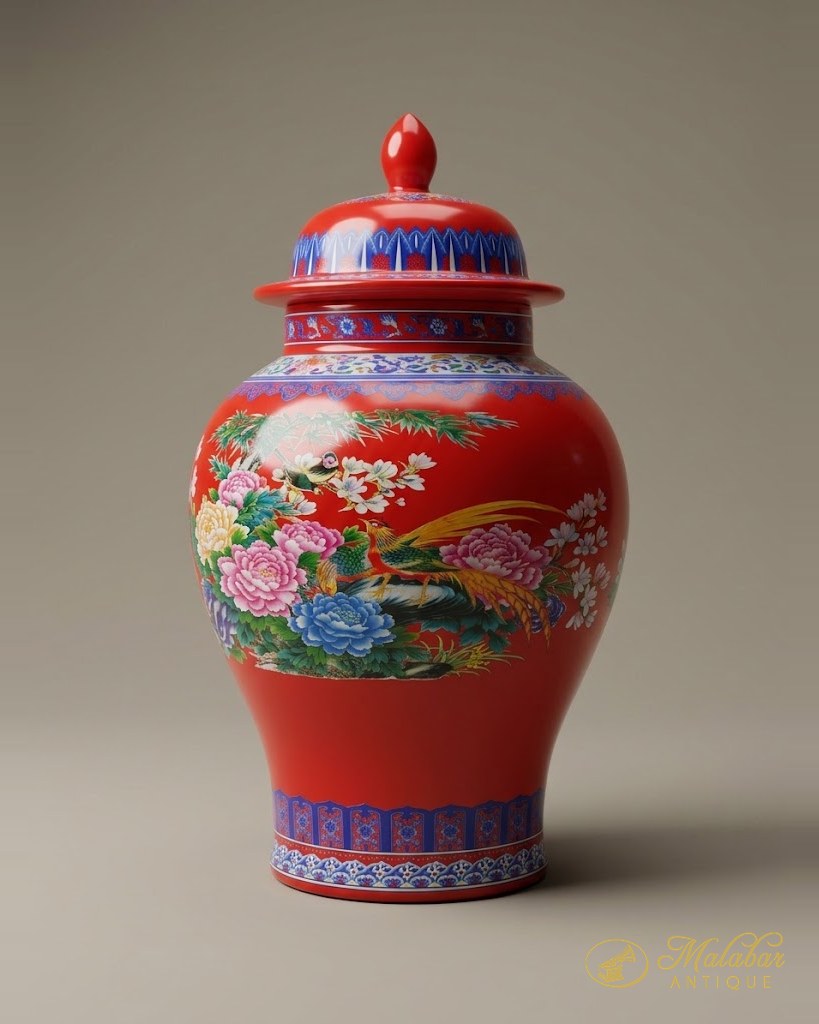 Coral red porcelain baluster vase and cover, the reserve panel enamelled with peonies and a long-tailed phoenix above a blue key-fret foot band.