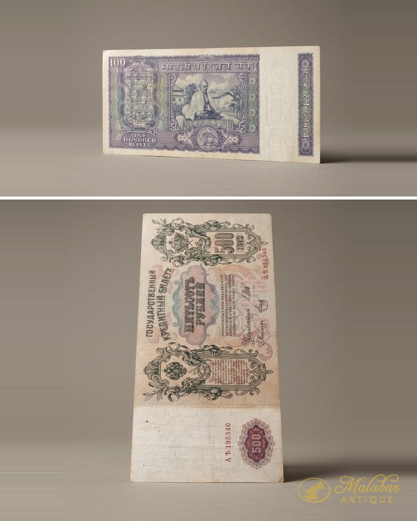 Two early paper banknotes, engraved and numbered.