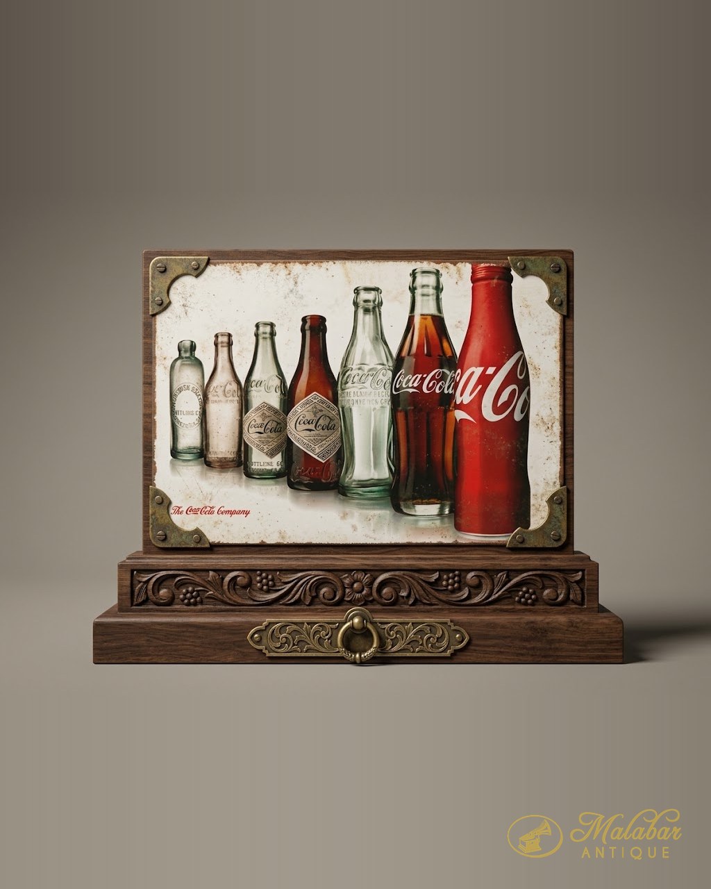 Distressed tin advertising sign showing the evolution of the Coca-Cola bottle, set in a carved wooden stand with a brass drop handle.