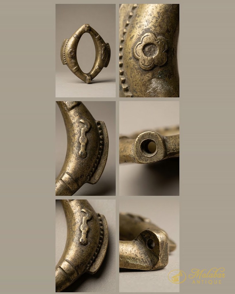 Six detail views of a heavy cast brass anklet — a hollow lozenge-shaped hoop with a beaded edge, an applied flower boss and open tubular terminals.
