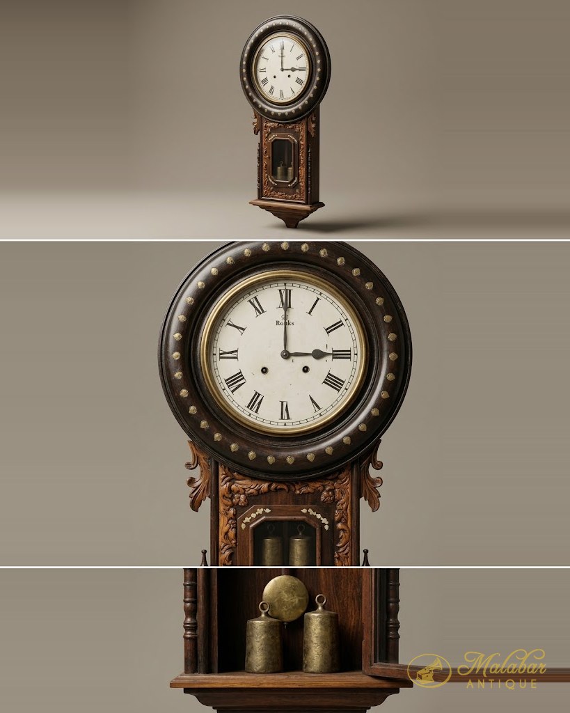 Three views of a drop-dial wall clock — studded bezel, Roman numeral enamel face, carved case and two brass driving weights.