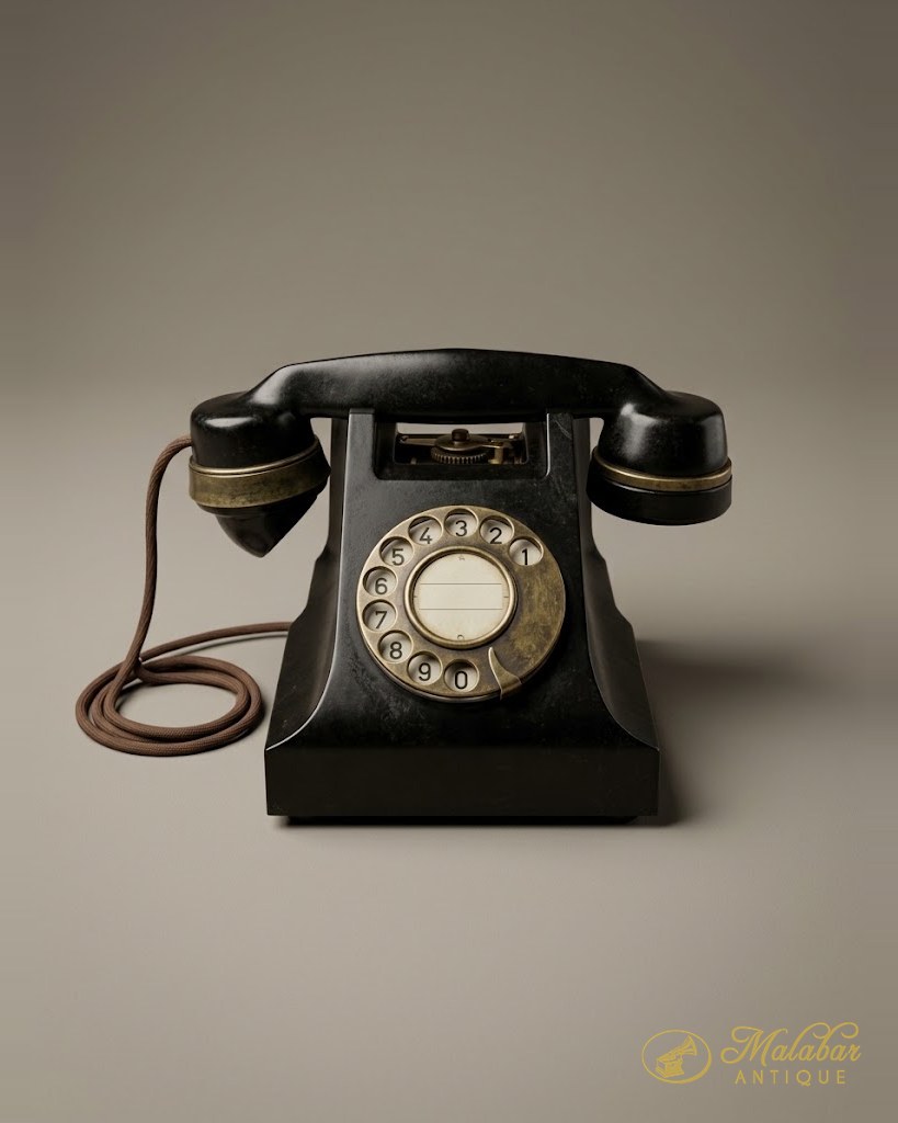 Black bakelite rotary dial telephone with a cloth-covered cord.