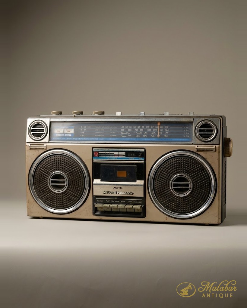 Portable stereo cassette radio with twin speakers and a chrome-faced tuner.