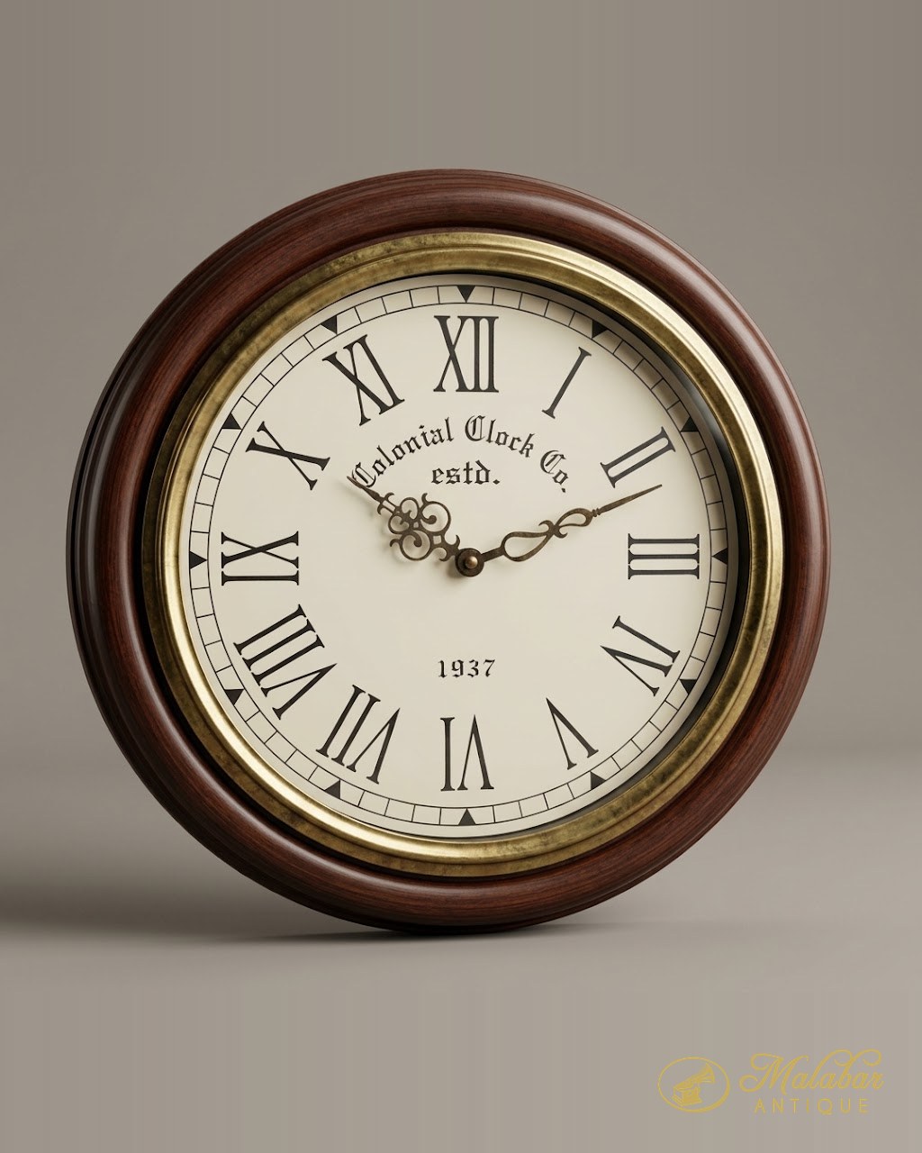 Round wall clock with a painted Roman dial marked Colonial Clock Co., dated 1937.