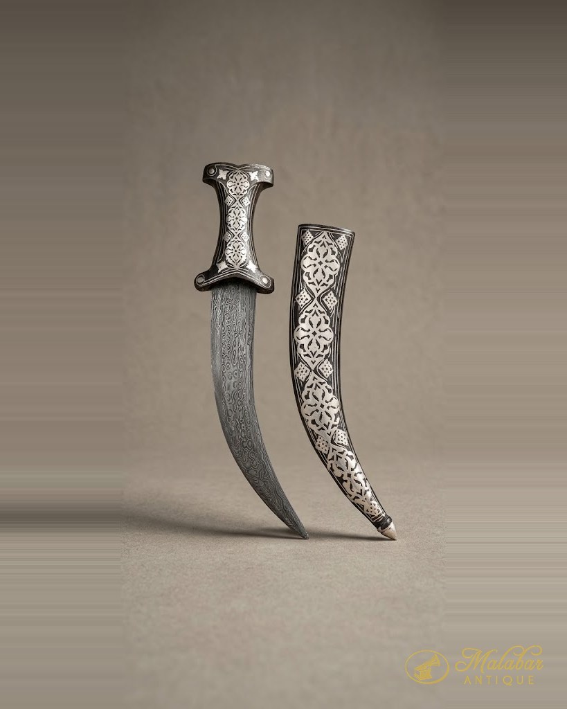 Two curved daggers with chased hilts and decorated scabbards.