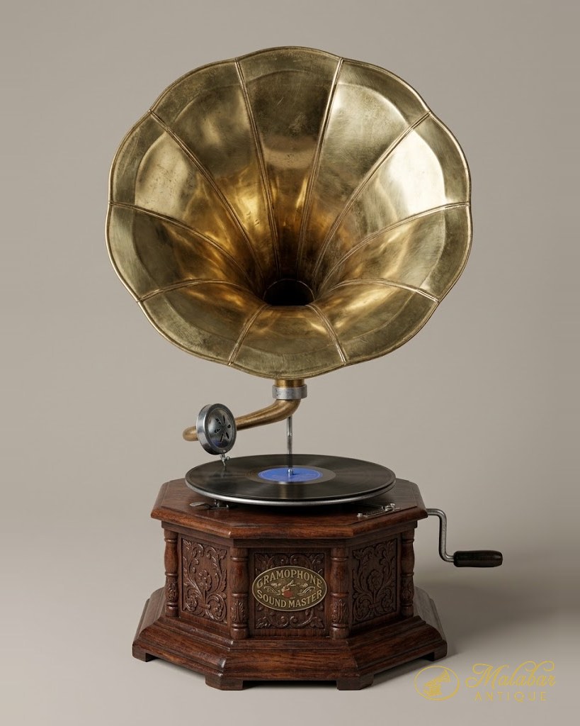 Gramophone with a brass horn on a deeply carved octagonal case.