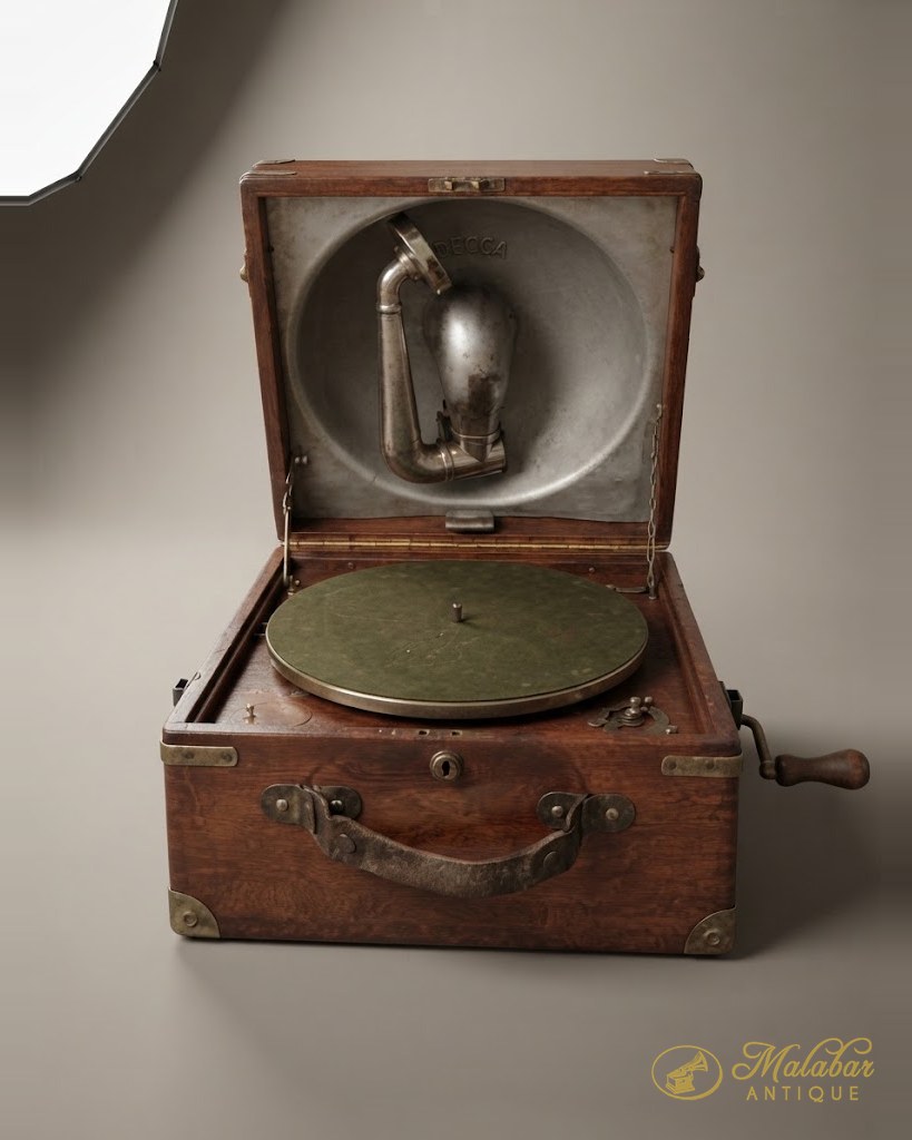 Wind-up portable gramophone in a fitted travelling case with a folding crank.