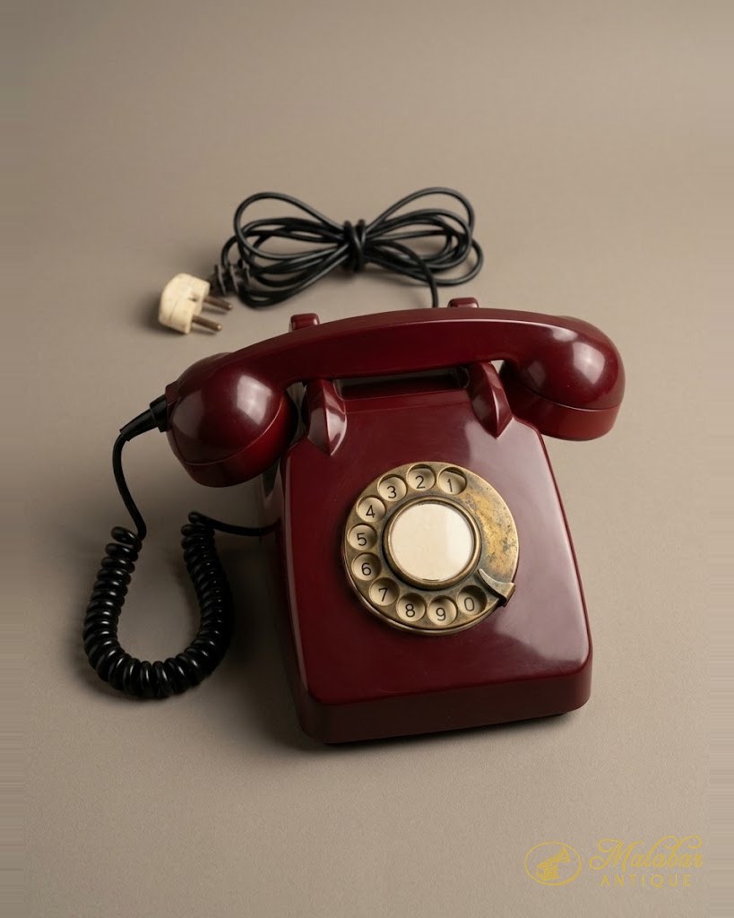 Deep red bakelite rotary dial telephone with a coiled handset cord.