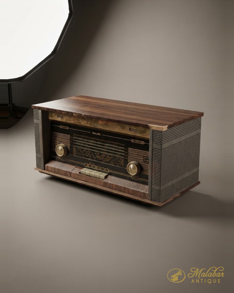 Table valve radio in a wooden case with a printed dial and cloth grille.