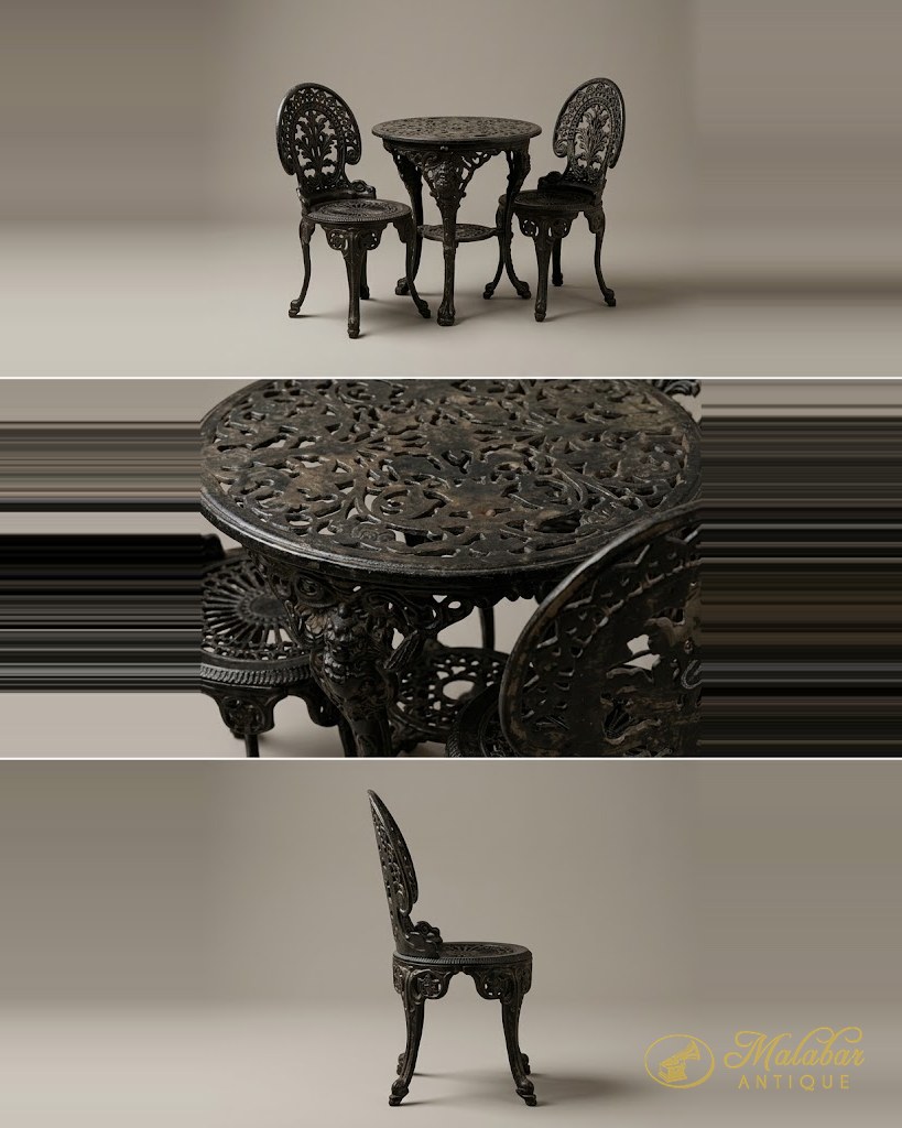 Three views of a black cast iron garden set — pierced circular table with foliate casting and two matching medallion-back chairs.