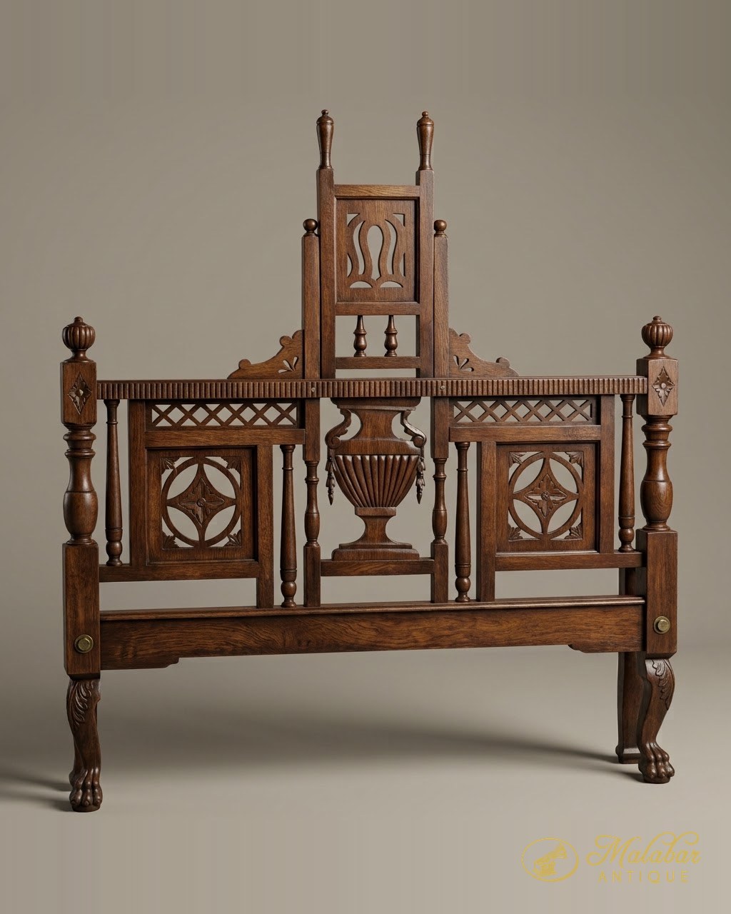Tall pierced headboard carved with urn and lattice panels, on claw feet.