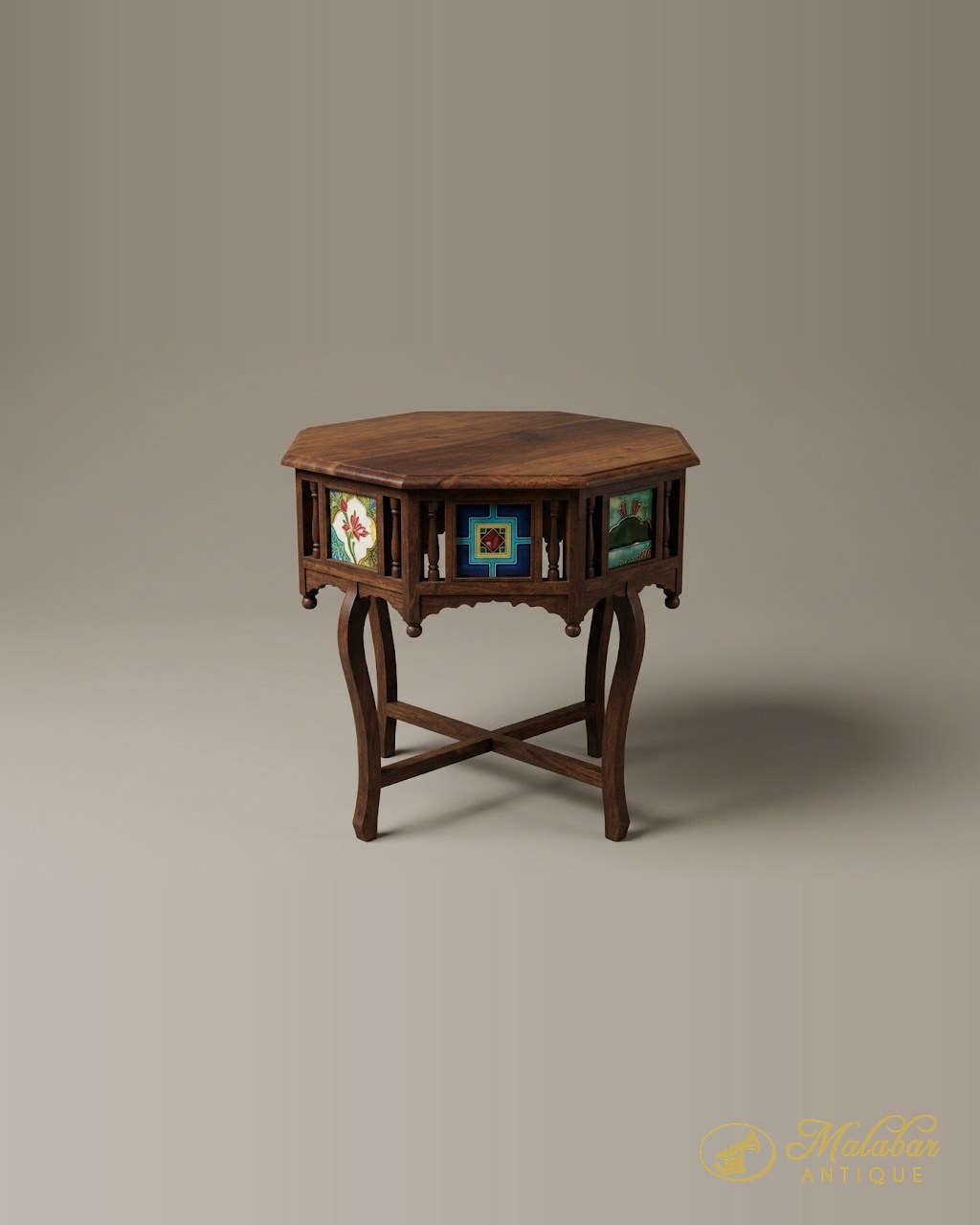 Octagonal table with coloured tile panels to the frieze and shaped legs.