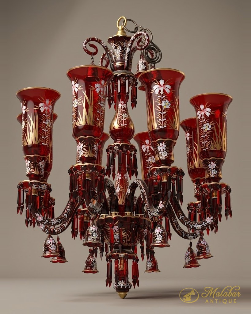 Chandelier hung with enamelled cranberry glass shades and cut drops.