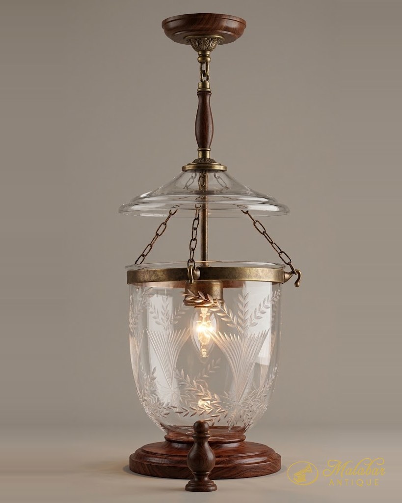 Hundi lantern with an etched glass globe and smoke shade on brass chains.