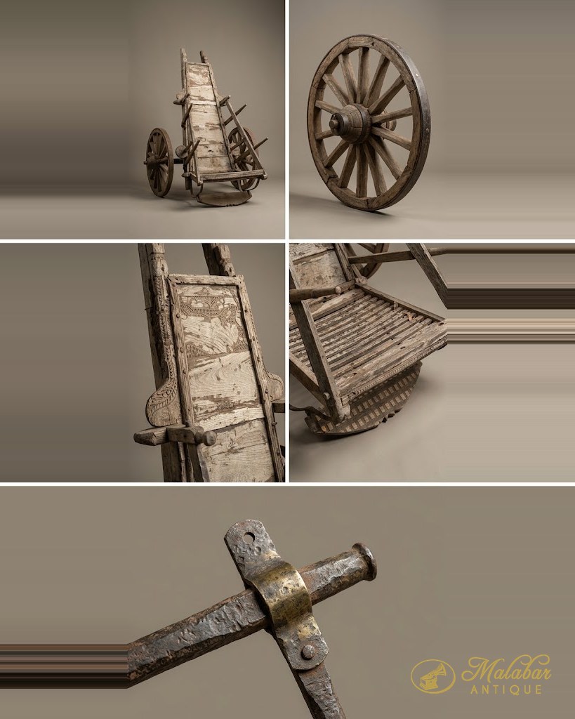 Five views of a weathered white-painted bullock cart — the body, a spoked wooden wheel, the carved yoke board, the slatted bed and an iron-banded axle joint.