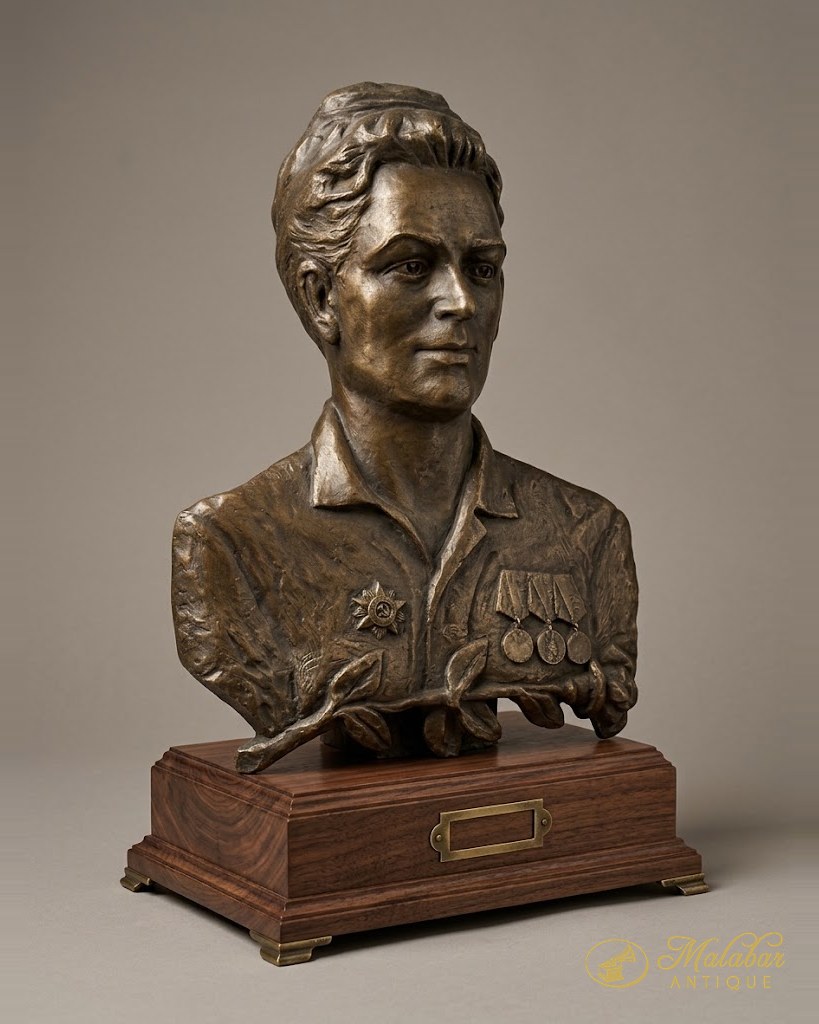 Bronze bust of a decorated figure in uniform with a star and campaign medals, on a rosewood plinth with a blank brass name plate.