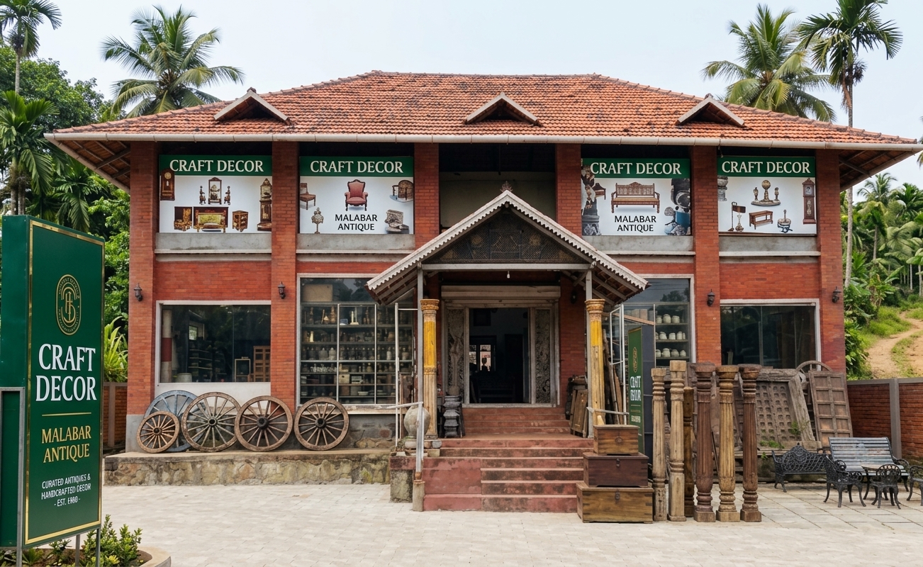 The shopfront at N.H. Iringal, Payyoli — a brick building with a terracotta tiled roof, carved wooden porch, antique pillars and cart wheels set out in the courtyard.