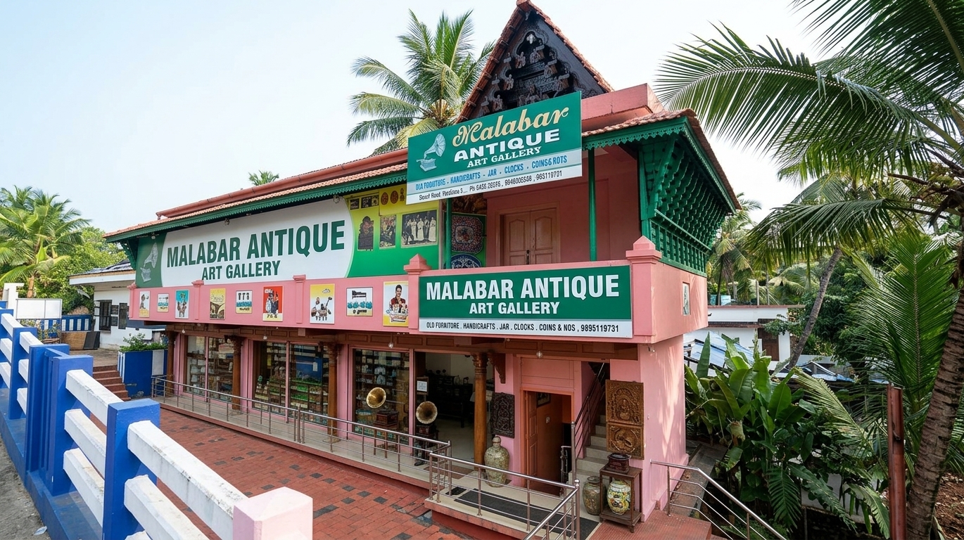 The Malabar Antique Art Gallery on Beach Main Road, Vadakara — a pink two-storey building with carved gable and green signboards.